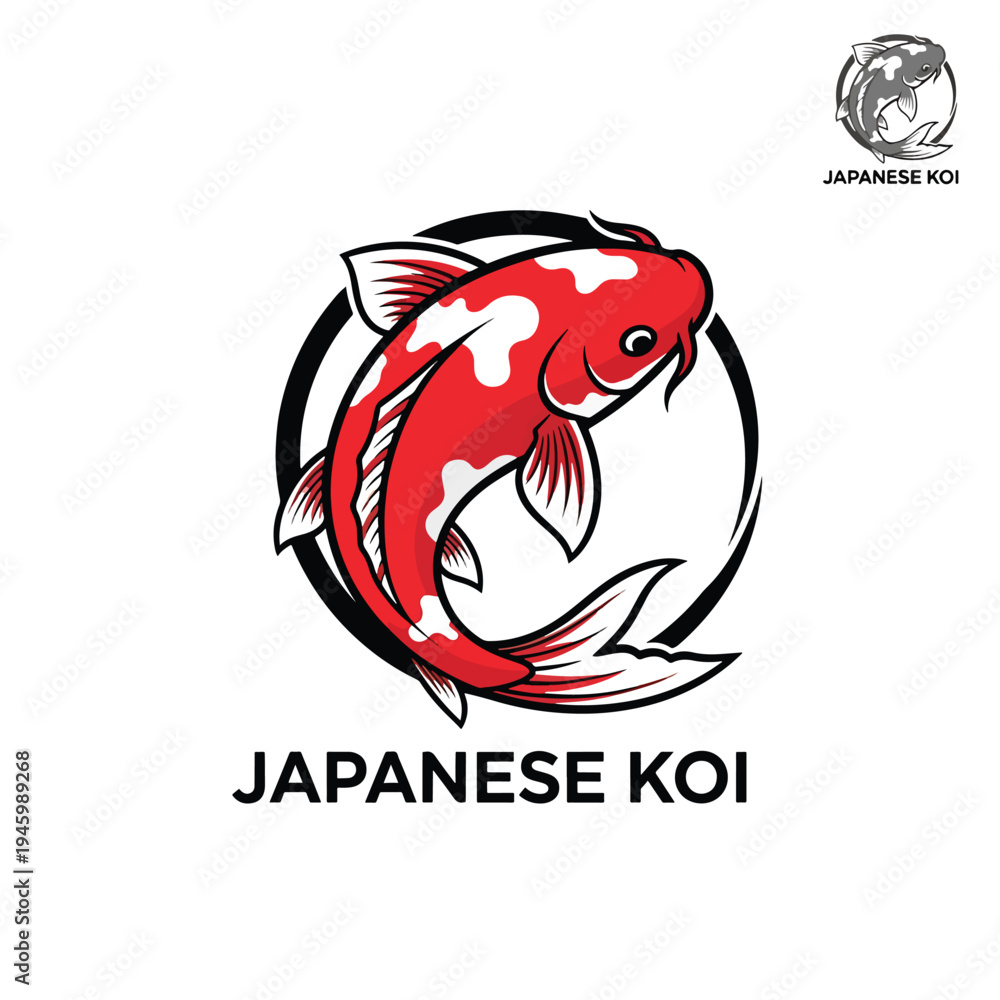 Fototapeta premium Stylized Japanese koi fish illustration, vibrant aquatic animal emblem, vector graphic art