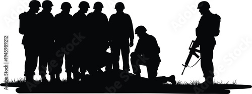 Military silhouettes, soldier group, battlefield scene, army teamwork, war illustration, combat uniform, casualty aid, armed forces, defense concept, vector design, security
