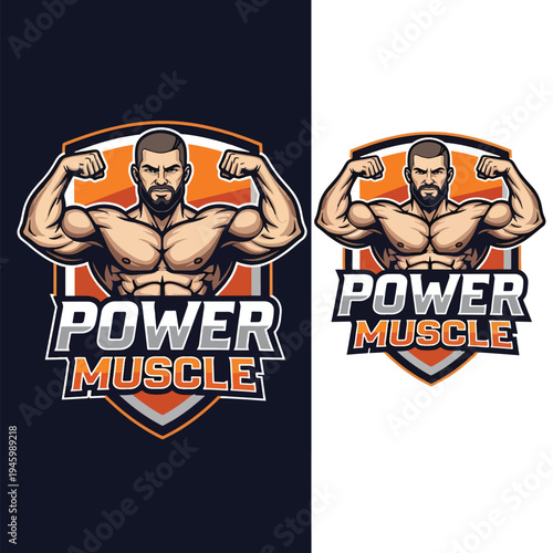 Dynamic illustration of a powerful, muscular man flexing biceps in a bold, vibrant emblem, symbolizing strength and fitness achievements