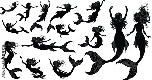 Mermaid silhouettes, fantasy sea creatures, mythical underwater design, ocean illustration, aquatic beauty, swimming mermaids, decorative art, marine mythology, mystical tails, vector artwork