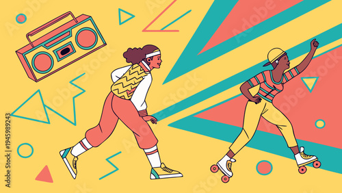 Two people skateboarding and dancing with a boombox on a colorful background with geometric shapes