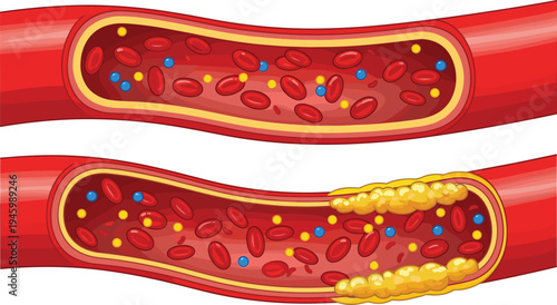 Comparison of healthy and clogged artery with flow vessel red cells blue cells yellow cholesterol
