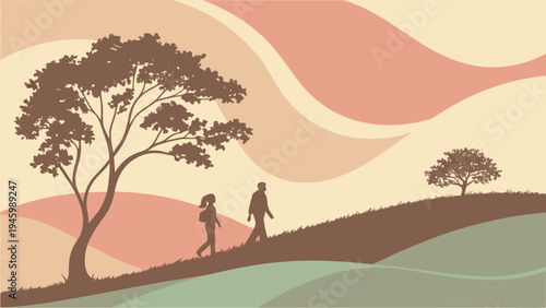 Silhouette of couple walking on hill with trees and wavy background at sunset or sunrise