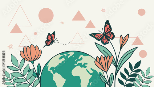 Vibrant illustration of butterflies and flowers around the earth with geometric shapes in the background