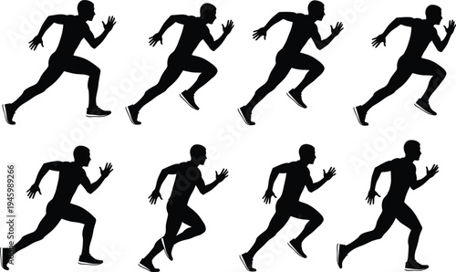 Running silhouette sequence, sprint motion phases, athletic movement, human biomechanics, sports training, dynamic runner pose, fitness concept, black profile illustration