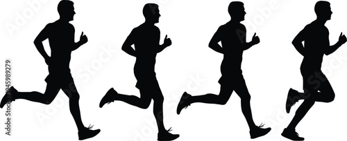 Running silhouette, athletic motion, human stride, sports biomechanics, fitness training, black figure, isolated white background, sprint posture, dynamic movement, exercise concept