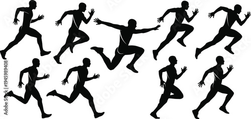 Running silhouettes, dynamic motion, athlete stride, sprint phases, fitness concept, human biomechanics, training posture, jogging cycle, sport icon, exercise form