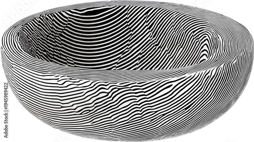 Abstract black and white bowl with distorted stripe pattern, curved form, and visual illusion
