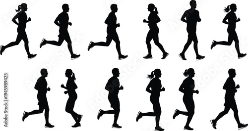 Running silhouettes, jogging figures, athletic motion, human movement, fitness posture, male and female runners, sports activity, exercise, workout, black silhouettes