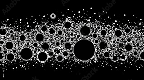 Abstract black and white graphic with layered circles and dots, creating a textured pattern