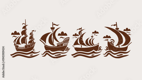 Silhouetted ships sailing on water waves. Brown vector illustration on light ground