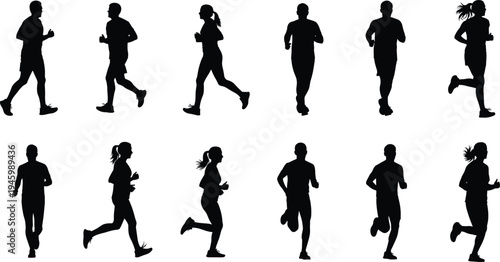 Running silhouettes, jogging figures, athletic motion, human movement, fitness posture, male and female runners, sports activity, workout, exercise, black silhouettes