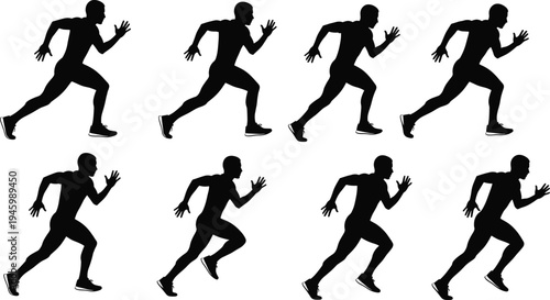 Running silhouettes, jogging motion, athletic stride, human movement, fitness posture, black figure, sports activity, exercise phase, workout cycle, biomechanics illustration