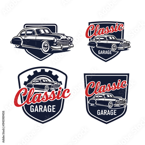 Collection of Vintage Automobile Repair Shop Emblems: Classic Car Garage Logo Designs Set