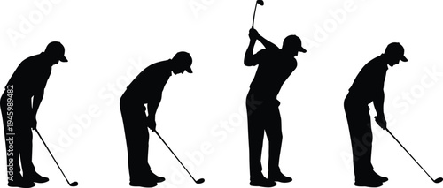 Four black silhouette golf players in various stances on white background golfer