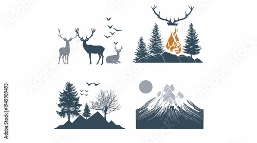 Collection of stylized nature illustrations deer, trees, birds, mountains, campfire, and a full moon