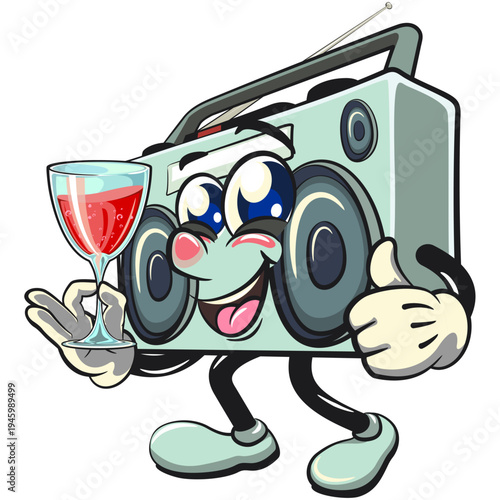 cute retro boombox radio mascot character raising a wine glass with smiling, isolated vector illustration, work of hand drawn