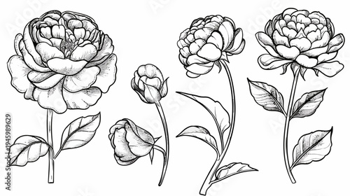 Artistic black and white illustrations of various peony flowers, including blossoms and buds