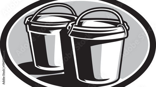 Stylized, grayscale illustration of two buckets with arched handles, inside an oval, on a white background
