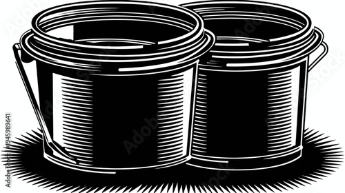 A monochrome illustration showcasing two cylindrical containers with handles, likely for carrying liquids