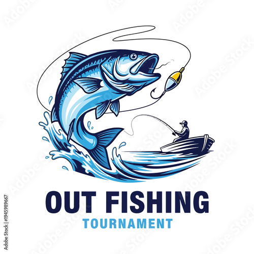 Dynamic fishing tournament illustration: a large fish leaps as a fisherman casts from a boat.