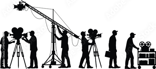 Film Production Crew Silhouette with Cameras and Boom Microphone Vector
