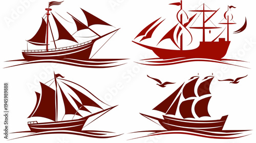 Four old-fashioned ships with sails on waves in red silhouette against white backdrop