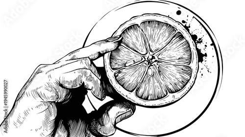 Hand touching a sliced citrus fruit on a plate, with ink splatters and intricate line art