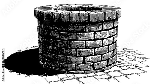 A detailed illustration of a weathered stone well, casting a prominent shadow on a tiled surface