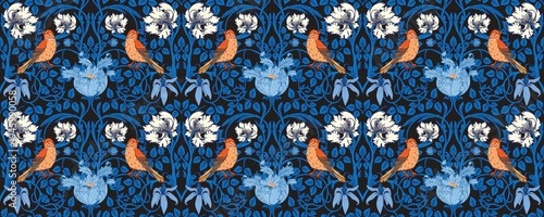 Seamless vintage floral pattern with birds, flowers and foliage in classic Arts and Crafts style. Detailed ornamental botanical design inspired by historic British textiles and traditional decorative 