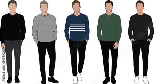Men character set wearing casual sweaters and sweatshirts in various colors isolated on white background flat vector illustration