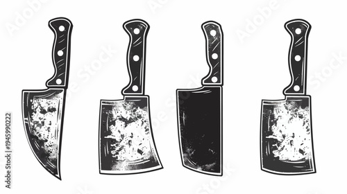 Four cleavers with black handles, rustic texture, and cartoon illustration on a white background