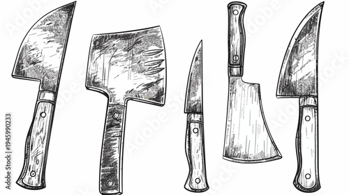 Illustrated collection of five kitchen knives, sketched in grayscale with various blade shapes