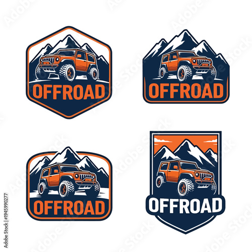 Off-road utility vehicle adventure emblem set with mountain backdrop, perfect for outdoor enthusiasts and branding