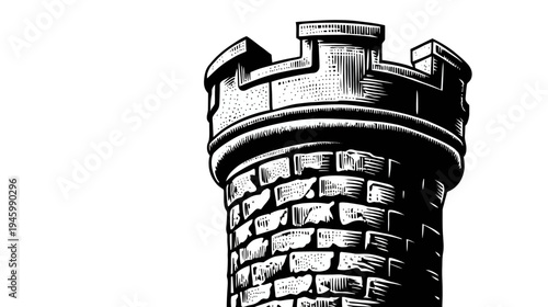A detailed illustration of a medieval castle tower with crenellations and stonework