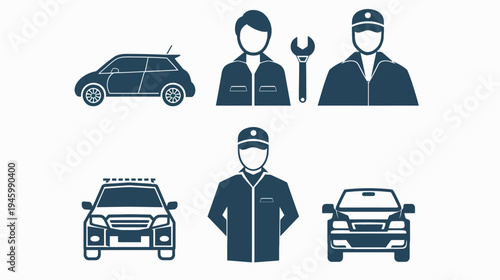 Blue icons of a small car, two mechanics, a tool, & two truck fronts on a white backdrop