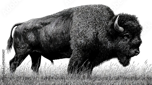 A monochrome illustration of a large bison standing in tall grass, on a white backdrop