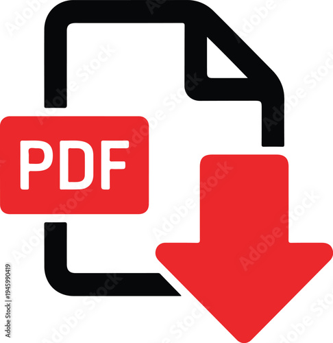PDF file download icon with red arrow and document symbol flat vector illustration isolated on white background
