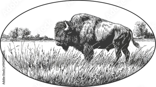 A detailed monochrome drawing depicts a bison standing in tall grass, surrounded by water and trees