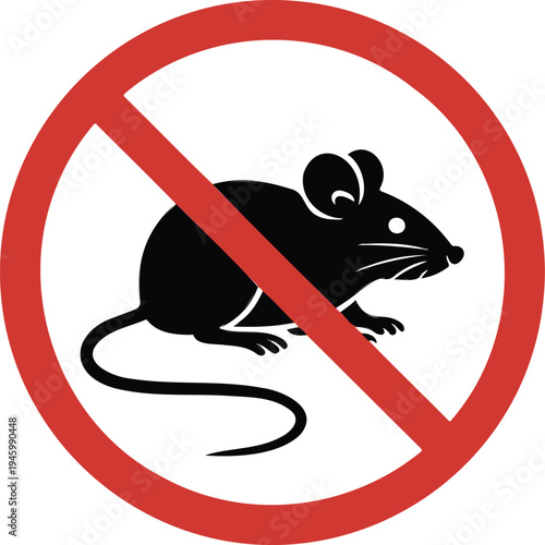 Pest control sign with black rat silhouette in red prohibited circle isolated on white background flat vector illustration