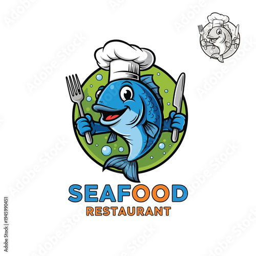 Friendly Chef Fish Mascot Holding Fork and Knife for Seafood Restaurant Logo Design
