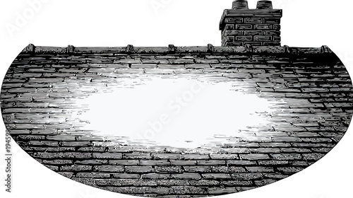Black and white illustration of a brick chimney on a sloped roof. The image is circular