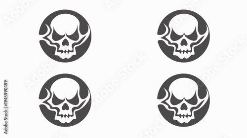 Four identical circular images of a stylized skull inside a dark grey circle, white background
