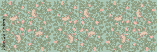 Seamless vintage floral pattern with birds, flowers and foliage in classic Arts and Crafts style. Detailed ornamental botanical design inspired by historic British textiles and traditional decorative 