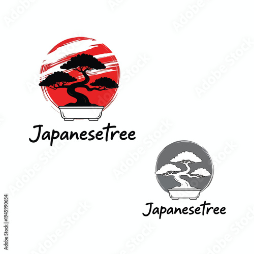Vector illustration of traditional Japanese bonsai trees in pots, minimalist design with cultural sun motif, representing nature and horticulture
