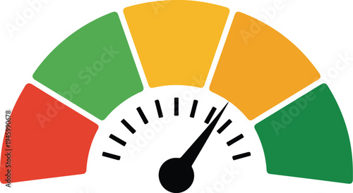 Colorful speedometer gauge with needle pointing to high performance area isolated on white background flat vector illustration