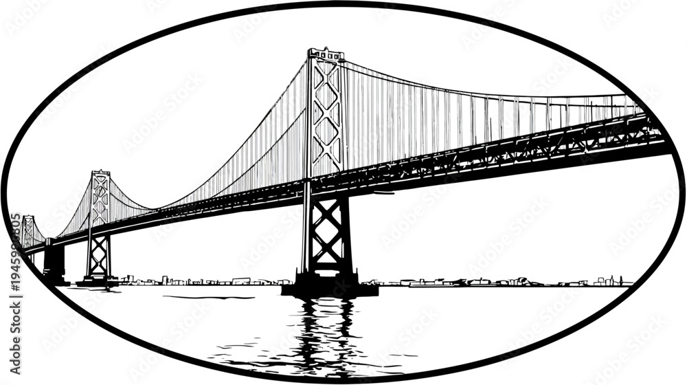 Fototapeta premium A black and white illustration of a suspension bridge with water reflection, in an oval frame