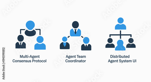 Agent system icons: multi-agent consensus, team coordinator, and distributed UI for AI collaboration, artificial intelligence