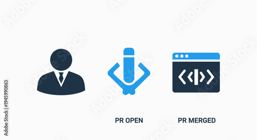 Coding and software development icons: user, pull request, and merged code