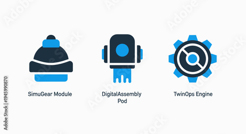 Industrial icons: gear module, assembly pod, and engine unit